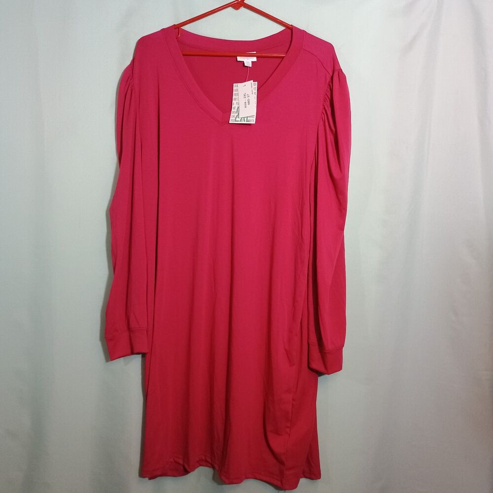 Women’s Hot Pink V-Neck Long Sleeve Shift Dress – Puff Shoulder Pocket Dress